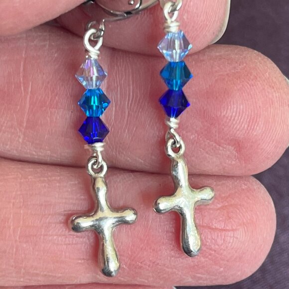 Silver Cross Charm Earrings, Ombre Blue Swarovski Crystals & Lever Back Earwires - Picture 2 of 5